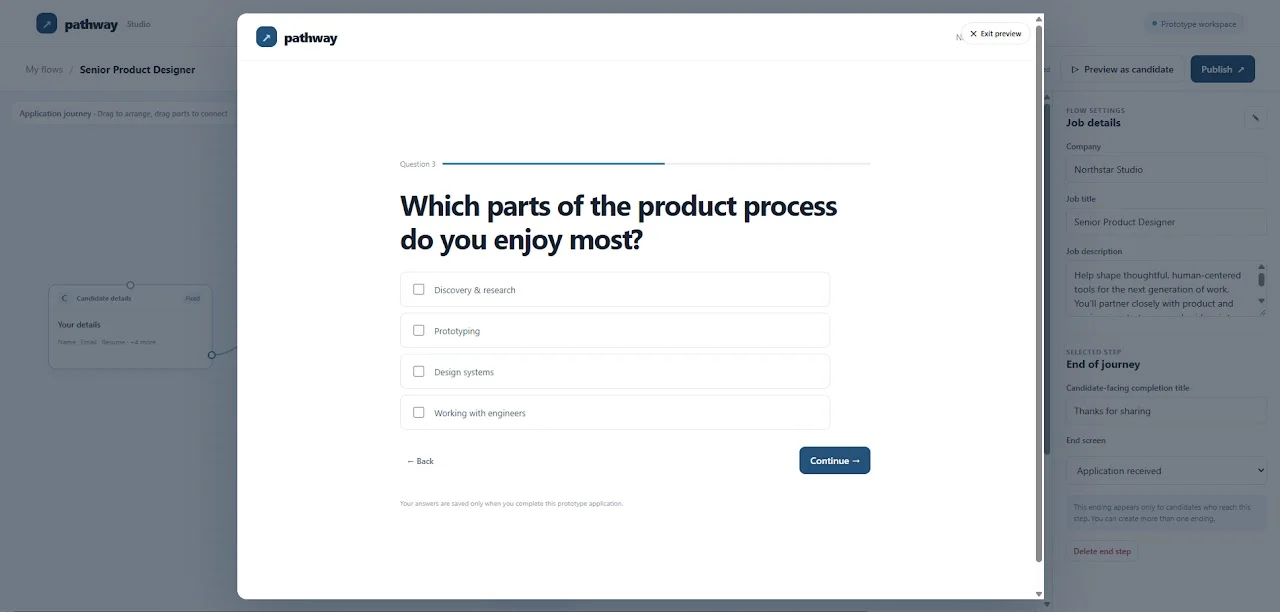 Pathway: previewing the application as a candidate