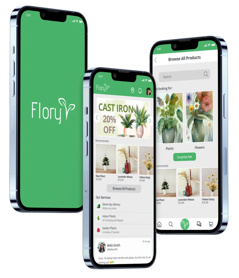 Flory app screens on phones