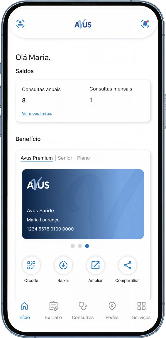 Avus Saúde app: digital health card